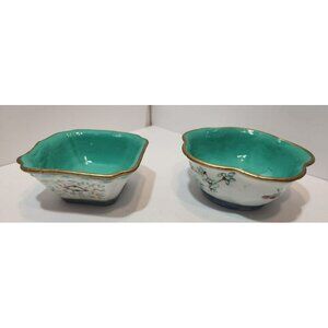 Antique Chinese Tongzhi Bowls Famillie Rose Green Interior Set of 2 Handpainted